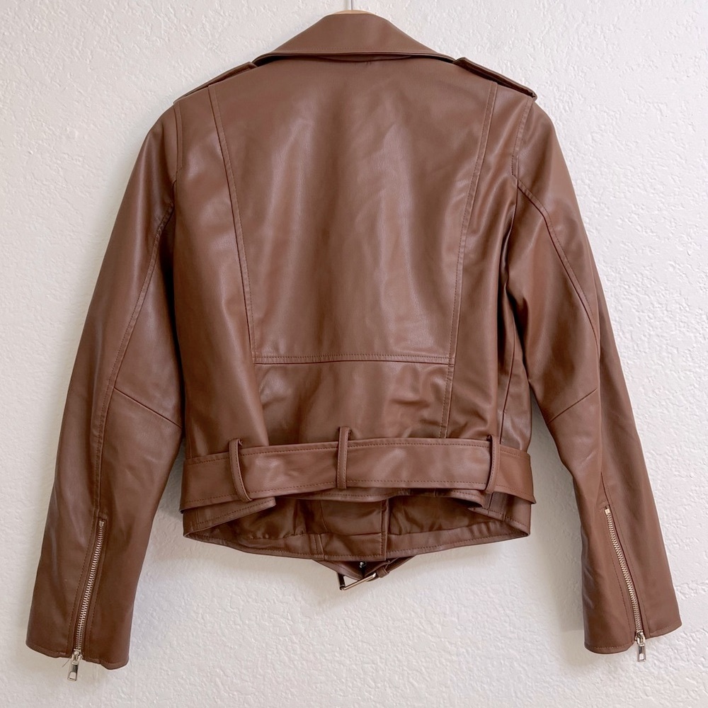 Zara Brown Faux Leather Biker Jacket Gold Zippers, Size M - Picture 4 of 6